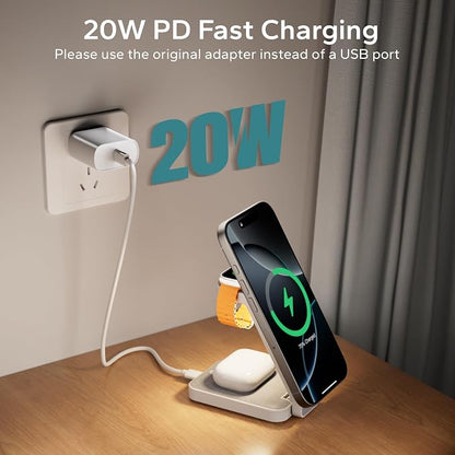 3 in 1 Foldable Wireless Travel Charging Station for MagSafe, Nightstand Magnetic Charger Stand for iPhone 17 16 15 14 Pro Max, Charging Dock with Night Light for Apple Watch/AirPods (White)