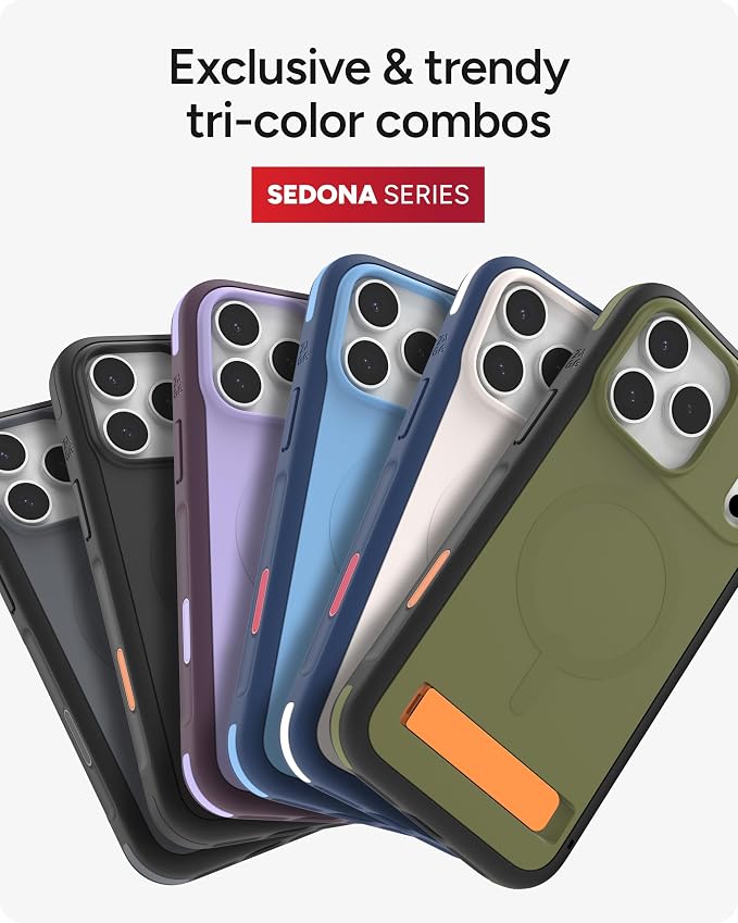 ZAGG Sedona Snap Case with Kickstand for iPhone 17 Pro Max - Red Light & Blue, Drop Protection (13ft/4m), Multi-Layer Protection, with Camera Button, MagSafe Phone Case with Impact-Absorbing Bumpers