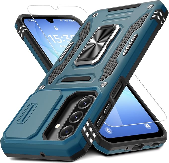 DEERLAMN Case for Samsung Galaxy A17 5G with Slide Camera Cover+Screen Protector (1 Pack), Rotated Ring Kickstand Military Grade Shockproof Protective Cover-Light Blue