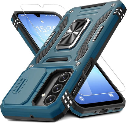 DEERLAMN Case for Samsung Galaxy A17 5G with Slide Camera Cover+Screen Protector (1 Pack), Rotated Ring Kickstand Military Grade Shockproof Protective Cover-Light Blue