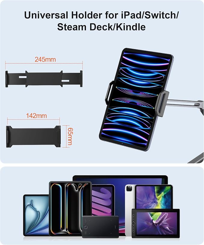 Tablet Arm Mount with Super Grip, Adjustable Foldable Holder & Heavy Duty Aluminum 360° Rotating Clamp for iPad, Phone, Monitor, Kindle - Universal for Desk, Bed, Kitchen - Gray