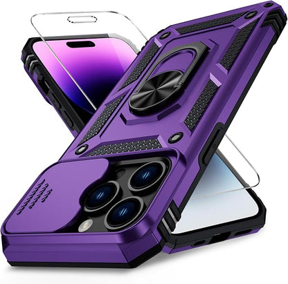 Weycolor for iPhone 14 Pro Max Case with Camera Lens Cover, HD Screen Protector, 10 FT Military Grade Drop Protection, Magnetic Ring Holder Kickstand Protective Phone Case, Deep Purple