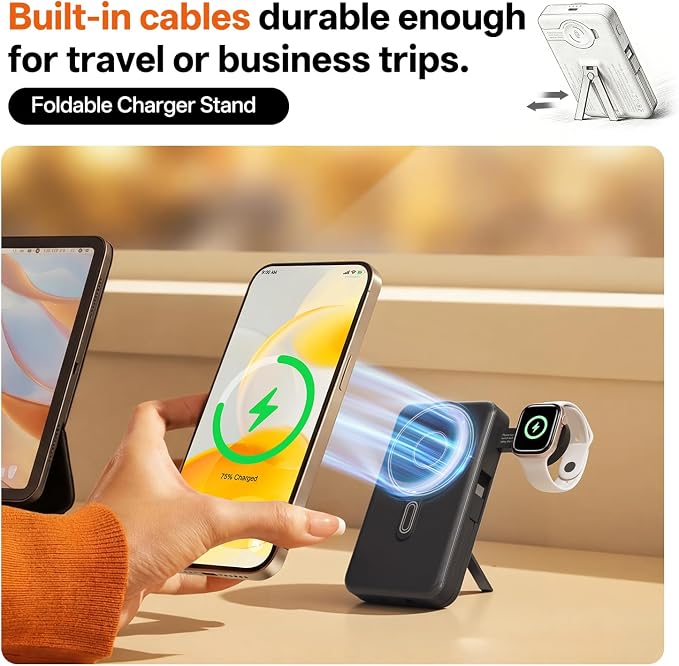 Q Magnetic Wireless Portable Charger 10,000mAh, Travel Essentials Power Bank with Built-in Cables & Foldable Stand, External Battery Pack Compatible with iPhone 17/16/15/14/13/12, Apple Watch
