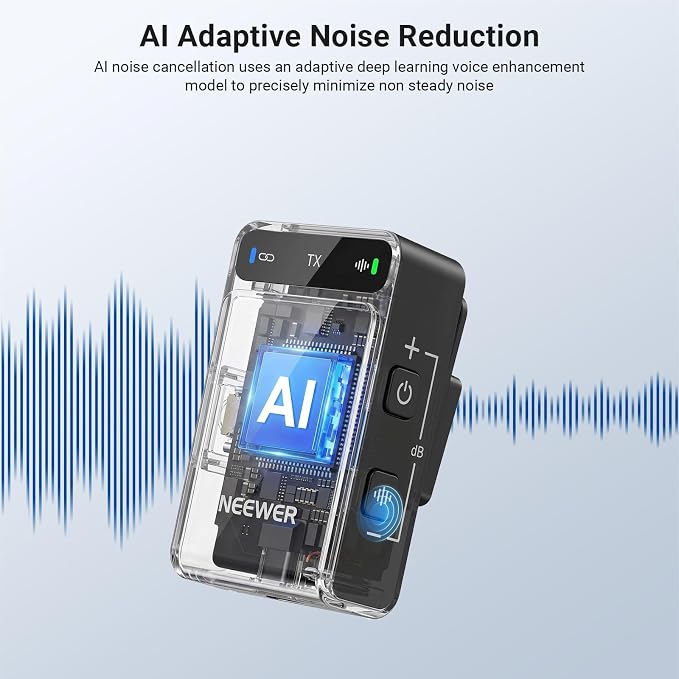 NEEWER CM36 Pro Wireless Microphone, AI Noise Cancellation, 48KHz/32bit Float, 8GB Storage, 85dB SNR, 54H Battery with Charging Case, 328ft Range, Lav Mic for iPhone Android Vlog Camera PC