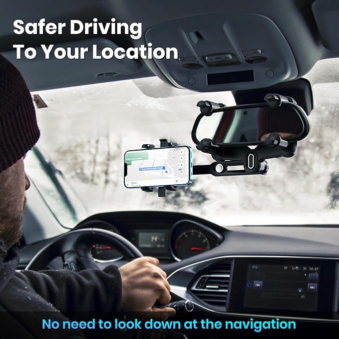 IPOW Large Rearview Mirror Phone Holder, Rotatable and Retractable, Anti-Shake Phone Mount for Car Compatible with iPhone 17/16/15/14/13/12/11 Pro Max, Samsung All 4-7 Inch Phones
