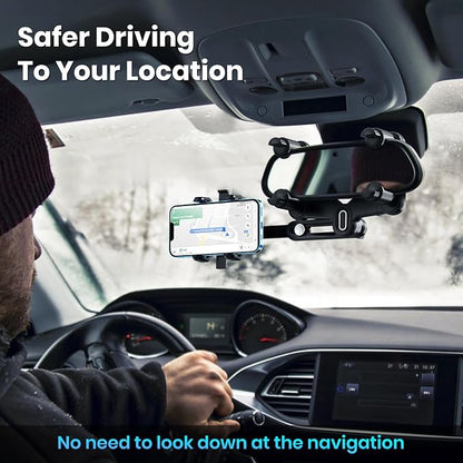IPOW Large Rearview Mirror Phone Holder, Rotatable and Retractable, Anti-Shake Phone Mount for Car Compatible with iPhone 17/16/15/14/13/12/11 Pro Max, Samsung All 4-7 Inch Phones