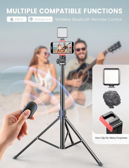 Pnitri 71'' Phone Tripod Stand, Extendable Reinforced Aluminum Phone Stand with Wireless Remote, Stable Cellphone Tripod (210cm-Black)
