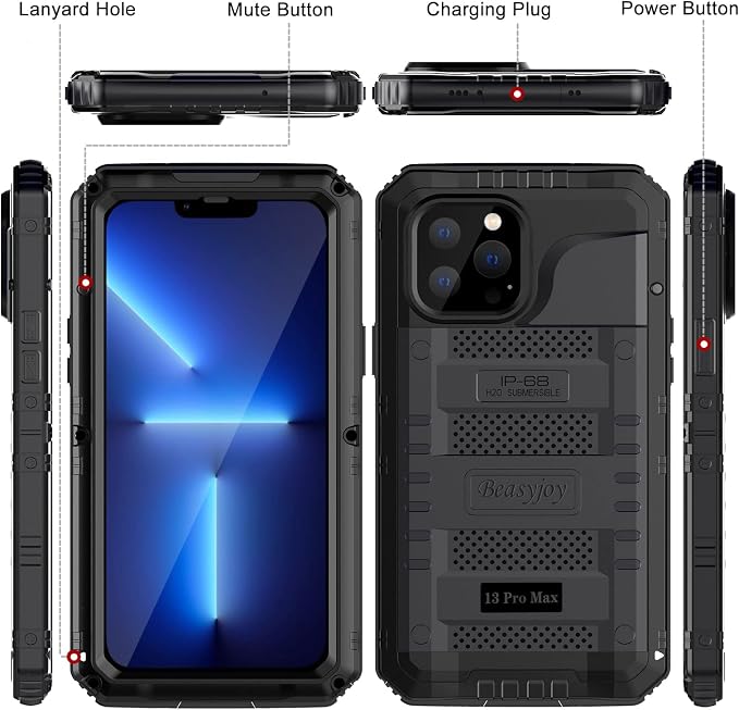 Beasyjoy for iPhone 13 Pro Max Case, Metal Waterproof Phone Case with Built-in Screen Protector, Full Body Protective Military Grade Shockproof Heavy Duty Rugged Defender Cover 6.7 Inch, Black