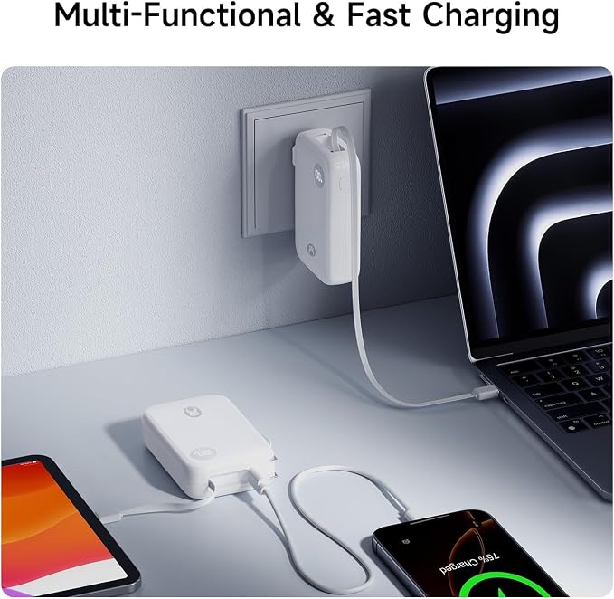 HOU 3 in 1 Portable Power Bank 10000mAh, 35W PD Fast Charging, Retractable USB-C Cable, Foldable Wall Plug, Dual Device Charging, FCC&UL Certified, Compatible with iPhone 17 Pro Max, Samsung, iPad