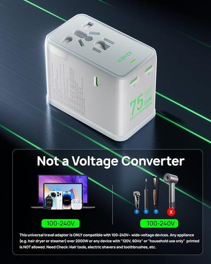 75W Travel Adapter, GaN Fast Charging European Power Universal Adapter with 5 Ports (1 AC, 1 USB-A, and 3 USB-C), Plug Adapter with Smart Chip for Over 200 Countries, PD&QC Charger, White