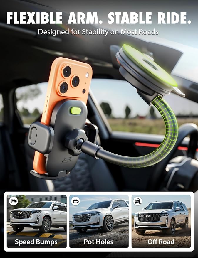 Bracketron TripGrip PRO Car Phone Holder Mount - Phone Holders for Your Car with 7.5" Flexible Gooseneck for Dash & Windshield - Compatible with Most Smartphones