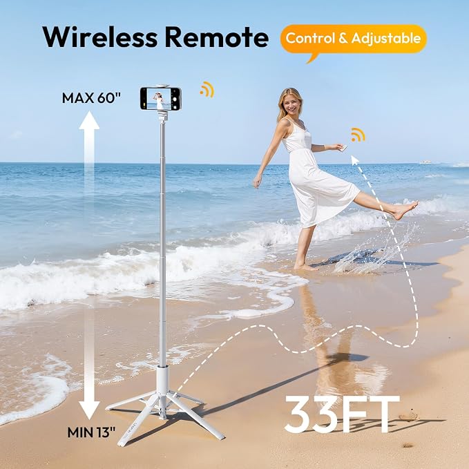 ULANZI MT86 60" Automatic Phone Tripod Stand with Wireless Remote, Adjustable Auto‑Open Selfie Stick for iPhone Android, Portable Extendable Travel Tripod for Selfie/Vlogging, White