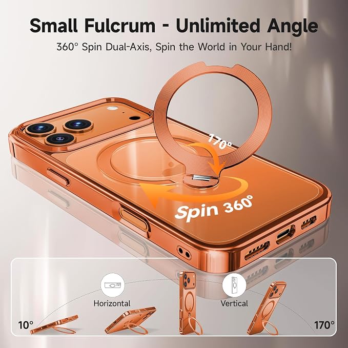 [Tri-Shield Protection] for iPhone 17 Pro Max Case with 360° Spin Stand Compatible with MagSafe [Magnetic CD Ring][Screen & Camera Lens Protector]Shockproof Plating Never-Yellowing, Cosmic Orange-6.9"