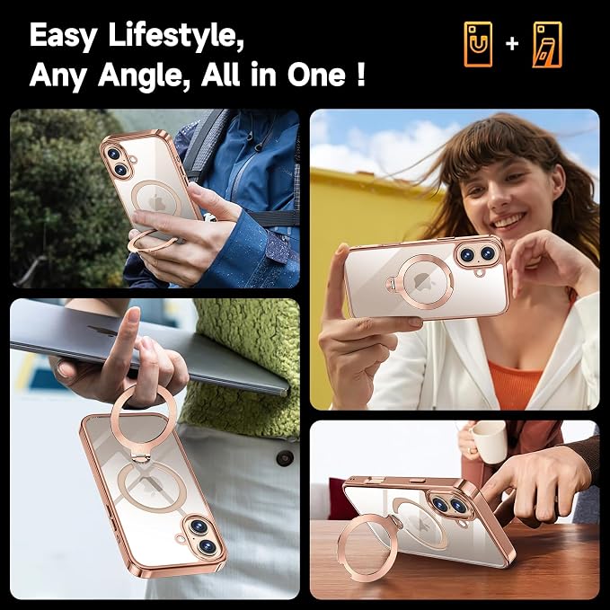 [Tri-Shield Protection] for iPhone 16 Plus Case with 360° Spin Stand Compatible with MagSafe [Magnetic CD Ring] [Screen & Camera Lens Protector] Shockproof Plating Never-Yellowing, Desert Gold-6.7"