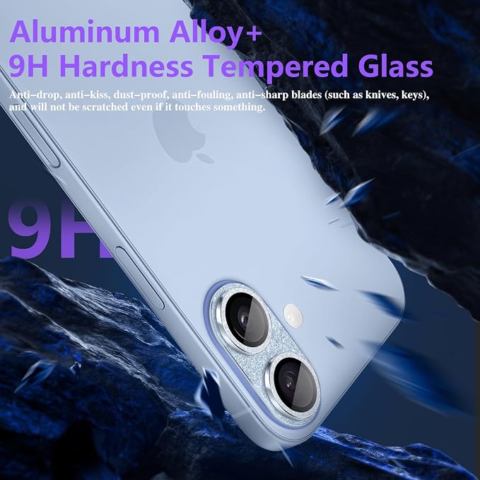 Camera Lens Protector for iPhone 17, Bling Glitter Camera Cover with 9H Tempered Glass Metal Ring, Anti-Scratch Lens Protector for iPhone 17 (Glitter - Blue)