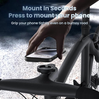 Bike Stem Phone Mount with Dual Lock Buckles – CNC Aluminum Center Holder for iPhone & Android | Quick Install | Anti-Shake Clamp for MTB/Road/Mountain