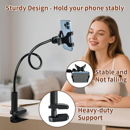 Gooseneck Phone Clamp Mount for Bed, 360° Flexible Arm, Heavy Duty & Stable, Anti-Slip Silicone Grip, Universal for 4–7" Smartphones, Compatible with iPhone 15/14/13 Pro Max, Samsung Galaxy S23/S22