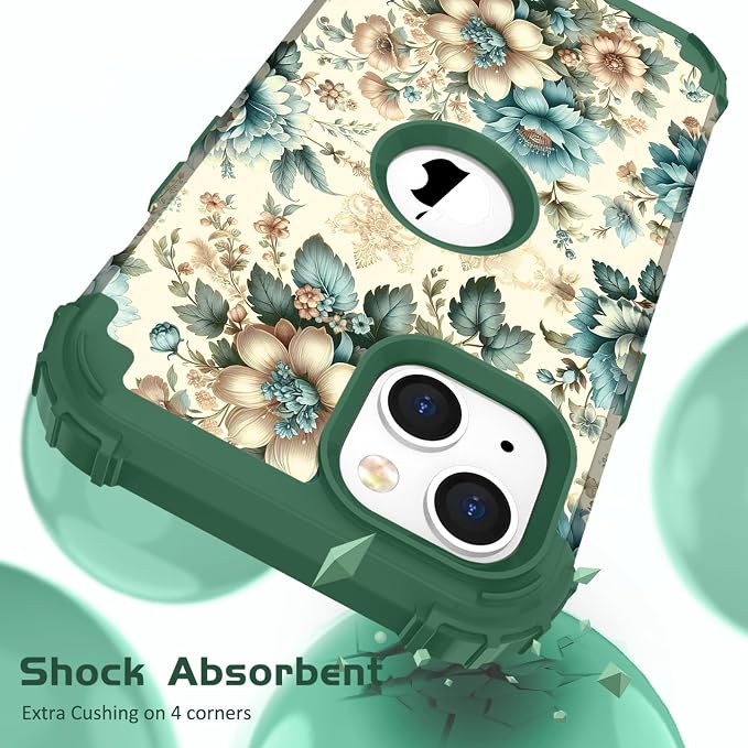 Hocase for iPhone 15 Plus Case, Heavy Duty Shockproof Protection Soft Silicone Rubber Bumper+Hard Plastic Hybrid Protective Case for iPhone 15 Plus 6.7" 2023 - Teal Blue Flowers