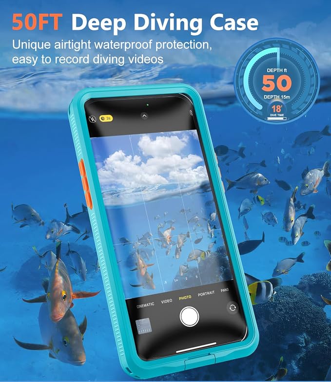 Underwater Phone Case for Snorkeling, [IP68 Waterproof] [Sensitive Inflated Touchscreen] [Precise Buttons], Only for 6.1" iPhone 16, 15/15 Pro, 14/14 Pro, 13/13 Pro, 12/12 Pro - Teal