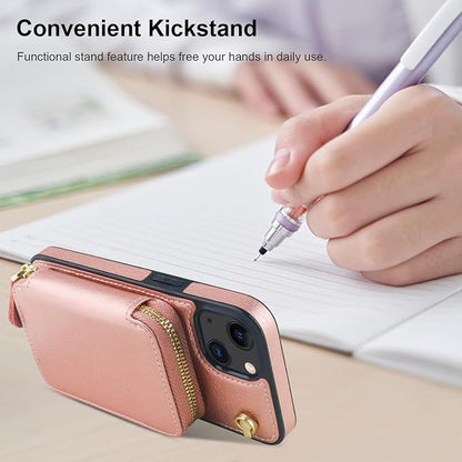 Bocasal Crossbody Wallet Case for iPhone 14/13, RFID Blocking Leather Purse Case with Card Holder, Protective Handbag Flip Cover with Zipper Wrist Strap Lanyard for Women 5G 6.1 Inch (Rose Gold)