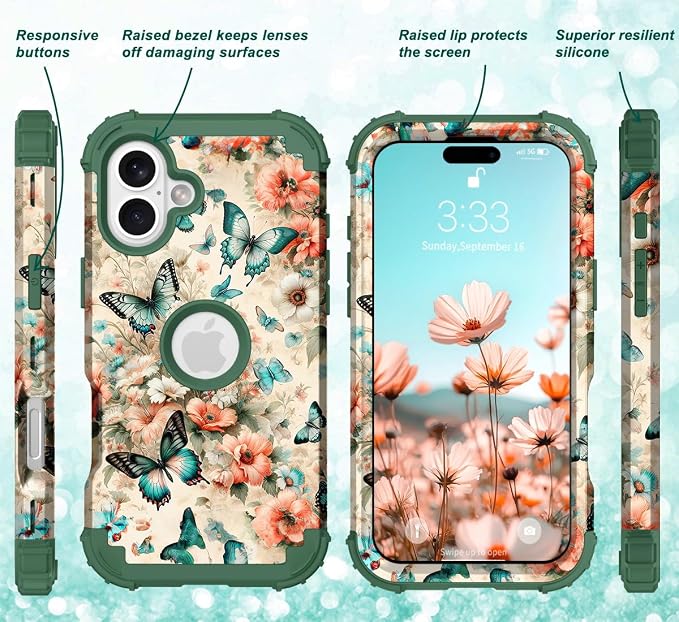 Hocase for iPhone 16 Case 6.1", Heavy Duty Shockproof Protection Soft Silicone Rubber+Hard Plastic Bumpers Hybrid Protective Case for iPhone 16 2024 - Teal Green Butterflies