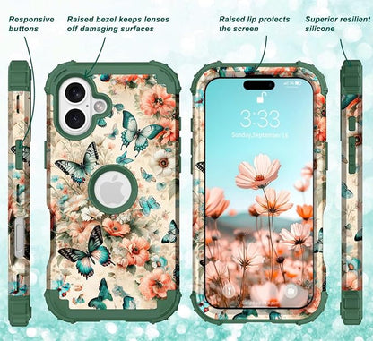 Hocase for iPhone 16 Plus Case 6.7", Heavy Duty Shockproof Protection Soft Silicone Rubber+Hard Plastic Bumpers Hybrid Protective Case for iPhone 16 Plus 2024 - Teal Green Butterflies