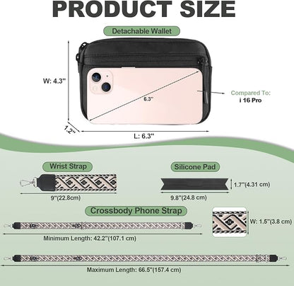 YFWE Clip and Go Strap for Phone with Wallet Crossbody, Adjustable Phone Lanyard with Detachable RFID Wristlet Wallet, Pattern Strap, Black (M)