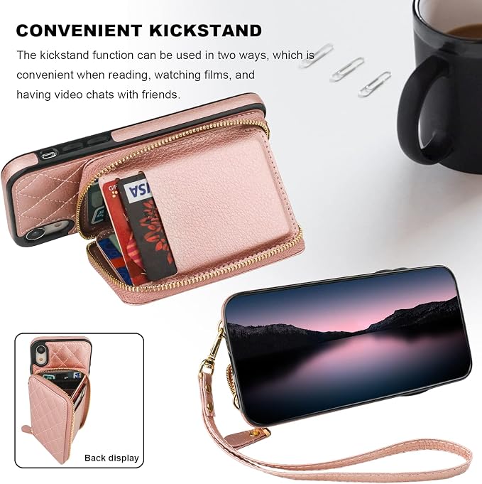 Bocasal Crossbody Wallet Case for iPhone Xr, RFID Blocking PU Leather Zipper Handbag Purse Flip Cover, Kickstand Folio Case with Card Slots Holder Wrist Strap Lanyard 6.1 Inch (Rose Gold)