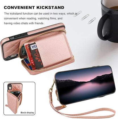 Bocasal Crossbody Wallet Case for iPhone Xr, RFID Blocking PU Leather Zipper Handbag Purse Flip Cover, Kickstand Folio Case with Card Slots Holder Wrist Strap Lanyard 6.1 Inch (Rose Gold)