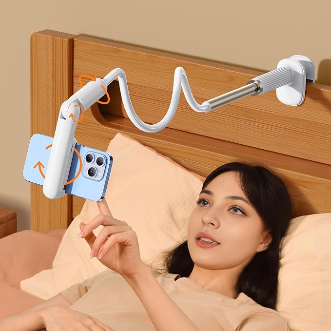 Gooseneck Phone Holder for Bed Laying Down with Clamp, Flexible Arm Overhead Phone Mount for Desk Bedside, Cell Phone Stand Adjustable Fit for iPhone 16 Promax, 15 Pro, 14 Plus, 13 & 4-7" Phone