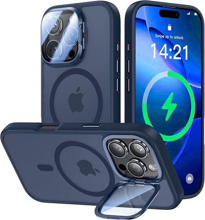 [Upgraded] for iPhone 16 Pro Max Case with Camera Cover Stand [Fit for MagSafe][9H Camera Lens Protector] Mil-Grade Protection Translucent Magnetic iPhone 16 Pro Max Phone Case, Blue