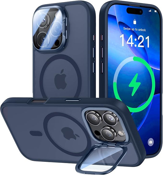 [Upgraded] for iPhone 16 Pro Case with Camera Cover Stand [Fit for MagSafe][9H Camera Lens Protector] Mil-Grade Protection Translucent Matte Magnetic iPhone 16 Pro Phone Case, Blue