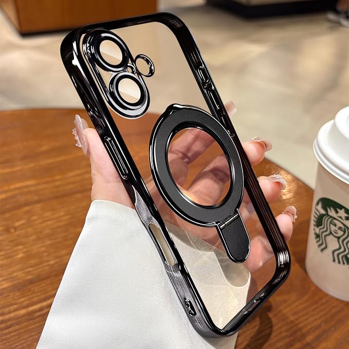 LXK Magnetic Invisible Stand for iPhone 17 Case 6.3" Compatible with MagSafe, Military-Grade Protection, with Camera Protector, Clear Scratch-Resistant Back Cover for iPhone 17 - Black