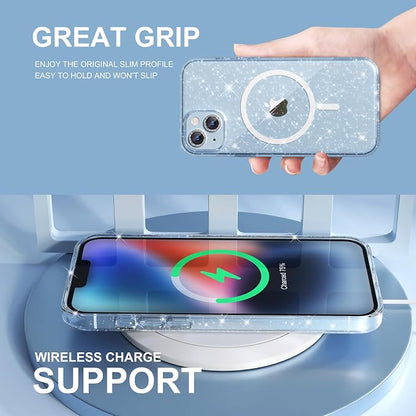 Choiche Magnetic Case for iPhone 14 Plus Case, Women Clear Glitter Bling Sparkly Case, [2xDiamond Camera Lens Protectors] [2xTempered Glass Screen Protectors] [Compatible MagSafe] (Glitter Clear)
