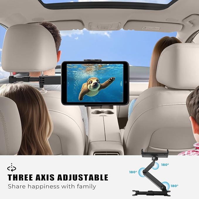 Car Headrest Tablet Holder, Stable Back Seat iPad Mount for Kids, Adjustable Long Arm Vehicle Head Rest Mount Compatible with 4.7-11" iPad Pro/Air/Mini, Samsung Galaxy Tablets, Fire HD