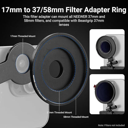 NEEWER Phone Holder with 17mm Phone Adapter & 17–37/58mm Filter Ring, Universal Adjustable Phone Tripod Mount Accessories Compatible with iPhone 17 Pro Max 16 S25 Ultra, PA047 PRO
