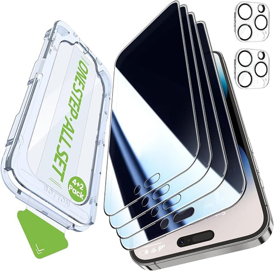 iGluz 4+2 Pack for iPhone 14 Pro Privacy Screen Protector with Camera Lens Protector 6.1 inch,9H+Tempered Glass[12FT Military Grade Shatterproof &100% Anti-Spy],3D Micro-Curved Edges[Longest Durable]