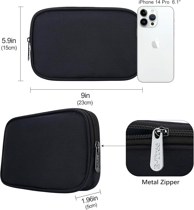 E-Tree Travel Tech Organizer Bag (8.66" x 5.51") – Canvas Electronics Accessories Case for Mouse, USB-C Charger, Cables, Power Bank, SSD, Dongle, Hub & Earphone | Toiletry & Cosmetics Pouch | Black
