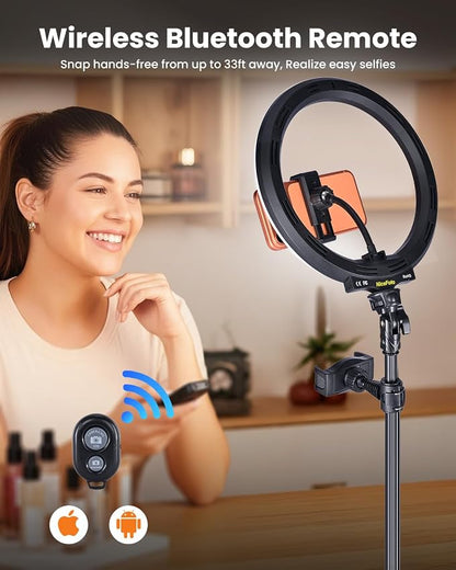 10" Desk Ring Light with 66'' Tripod Stands & Phone Holder, LED Circle Ring Lights Compatible with All Phones, 3 Color & 10 Brightness Level, for Live Stream, Makeup, Selfie, TikTok, YouTube