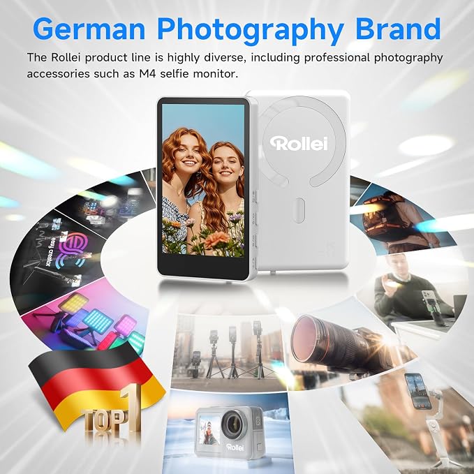 Rollei M4 Selfie Monitor Screen for iPhone 17 Series & Android, 4K Magnetic Back Camera Monitor 164FT Wireless Control, Vlog Screen for Live Streaming & Video Recording (White)