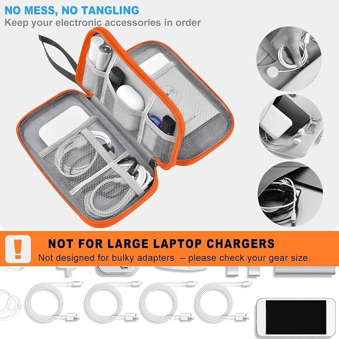ZINMARK Portable Cable Organizer Case,Travel Pouch with Double-Layer Storage for Cables,Chargers,Earbuds & Phone,Dark Gray Orange