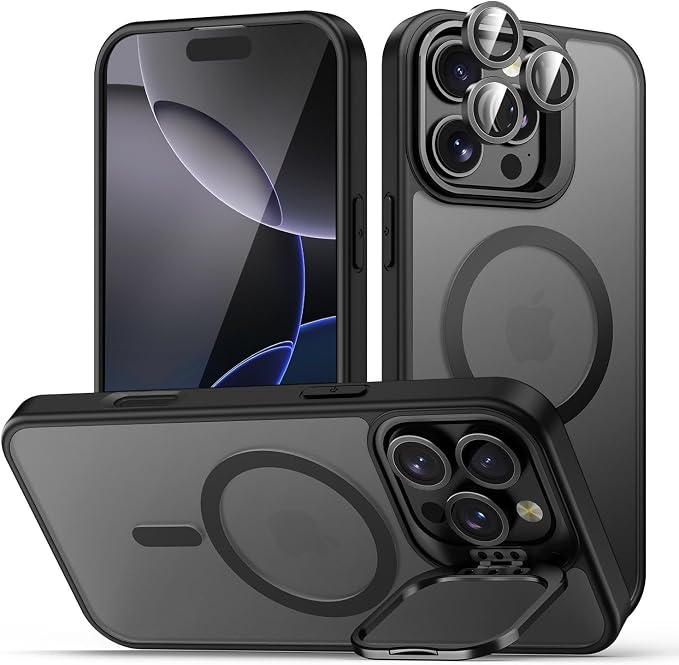 for iPhone 16 Pro Max Case, Compatible with MagSafe, Built-in Camera Ring Stand, with Individual Camera Cover, Translucent Matte Military-Grade Drop Protection Magnetic Case, Black