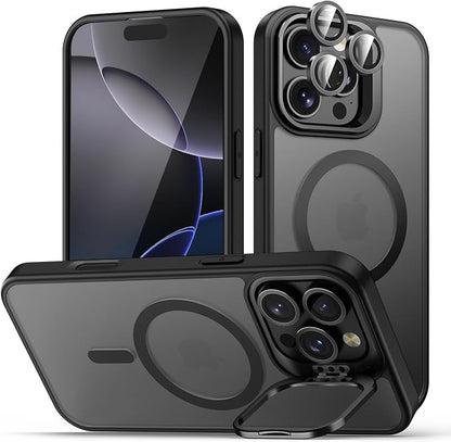 for iPhone 16 Pro Max Case, Compatible with MagSafe, Built-in Camera Ring Stand, with Individual Camera Cover, Translucent Matte Military-Grade Drop Protection Magnetic Case, Black