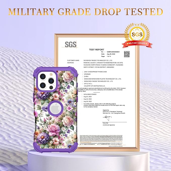 Hocase for iPhone 16 Pro Max Case, Heavy Duty Shockproof Protection Soft Silicone Rubber+Hard Plastic Bumpers Hybrid Protective Case for iPhone 16 Pro Max 2024 - Purple Pink Flowers