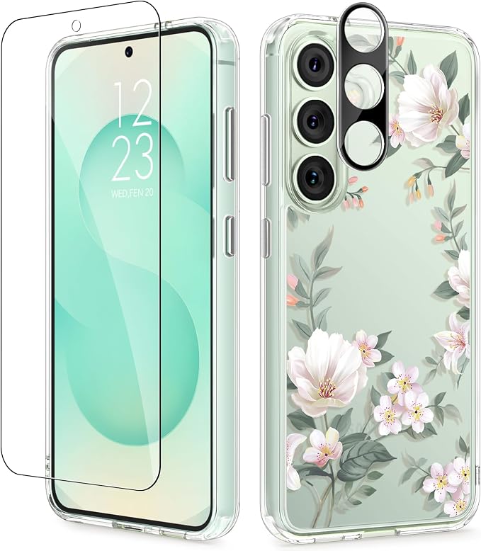 GVIEWIN for Samsung Galaxy S25 Plus Case, Clear Floral Slim Shockproof Protective Women Phone Case, Non-Yellowing, with Screen Protector & Camera Lens Protector for S25 Plus 6.7", Magnolia/White