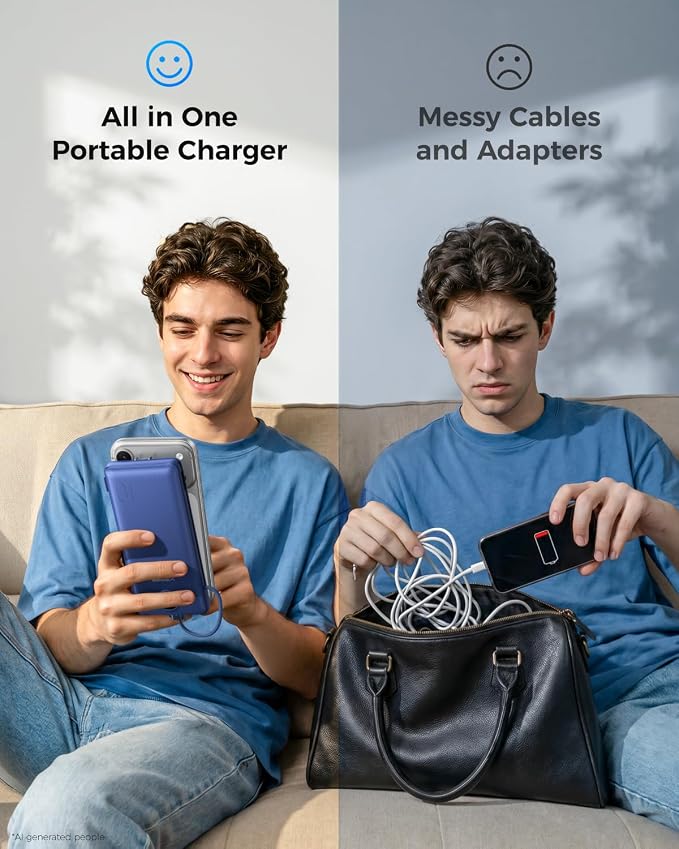 VEGER Portable Charger with Built-in AC Plug and Cables, All in One 10000mAh Ultra Slim Power Bank Travel Essentials, USB C External Battery Pack Compatible with iPhone, Samsung, More, Navy