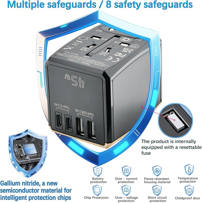 International Power Adapter 45W with 5-Port (3x USB-C + 2x USB-A) Wall Charger for 150+ Countries - Compact Universal Travel Plug Adapter for USA, EU, UK, AU, Asia