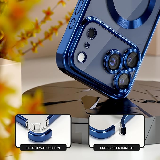 Misea Magnetic for iPhone 17 Pro Case Compatible with MagSafe [Never Yellowing] [Military Grade Drop Protection] Full Camera Lens Protector Plating Soft Clear Phone Case for Women, Deep Blue
