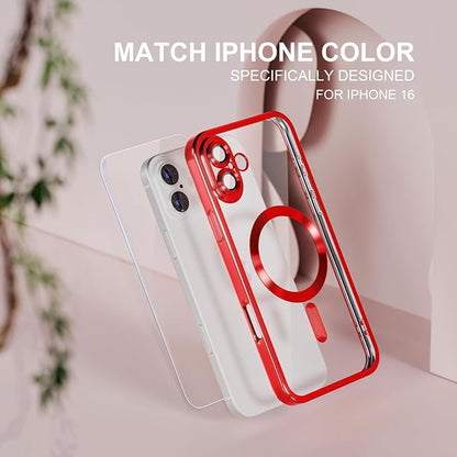 Misea Magnetic for iPhone 16 Case Compatible with MagSafe [Never Yellowing] [Military Grade Drop Protection] Full Camera Lens Protector Plating Soft Clear Phone Case for Women 6.1 inch, Red