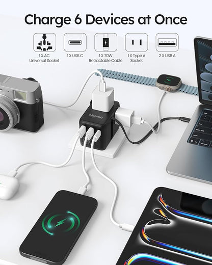 70W Universal Travel Adapter, Nekmit International Power Adapter with Retractable USB C Fast Charger Cable, 6-Port Travel Plug with 2 AC, 2 USB-A and 2 USB-C Ports Compatible with Over 200 Countries